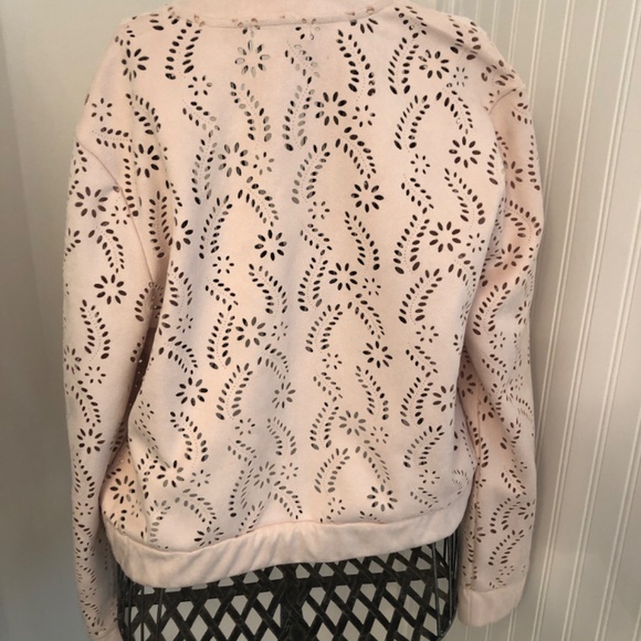Pale Pink Faux Suede Coastal Lasercut Feminine Bomber Jacket - Picture 4 of 4